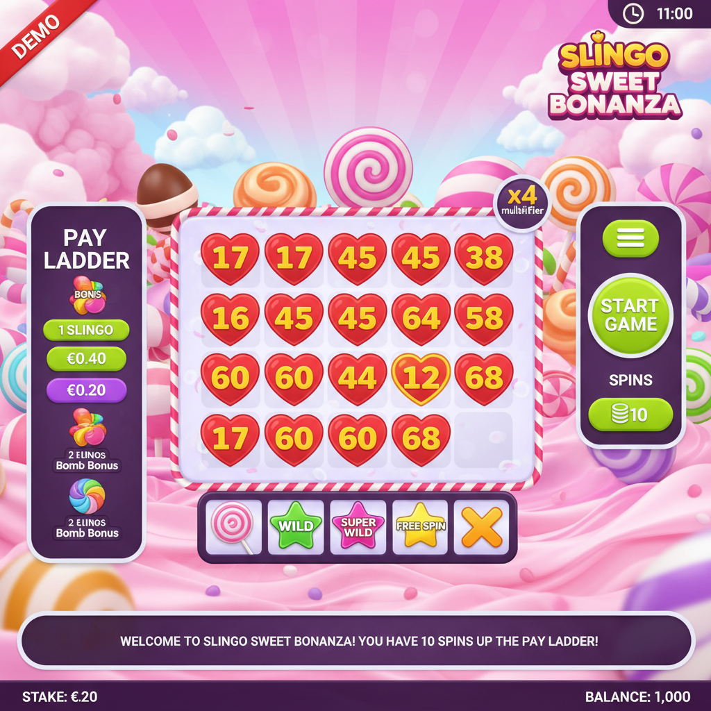 Slingo Sweet Bonanza 5x5 bingo grid met kleurrijke snoepjes, lollies en bonbons in roze en paars suikerspin landschap