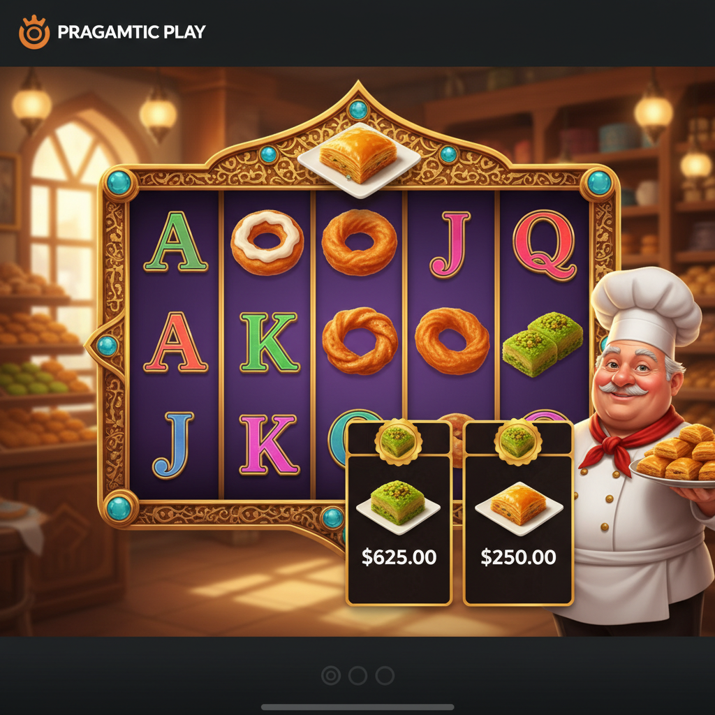 Sweet Baklava slot - Turkse bakkerij thema met chef karakter, baklava gebak symbolen en gouden frame op paarse achtergrond