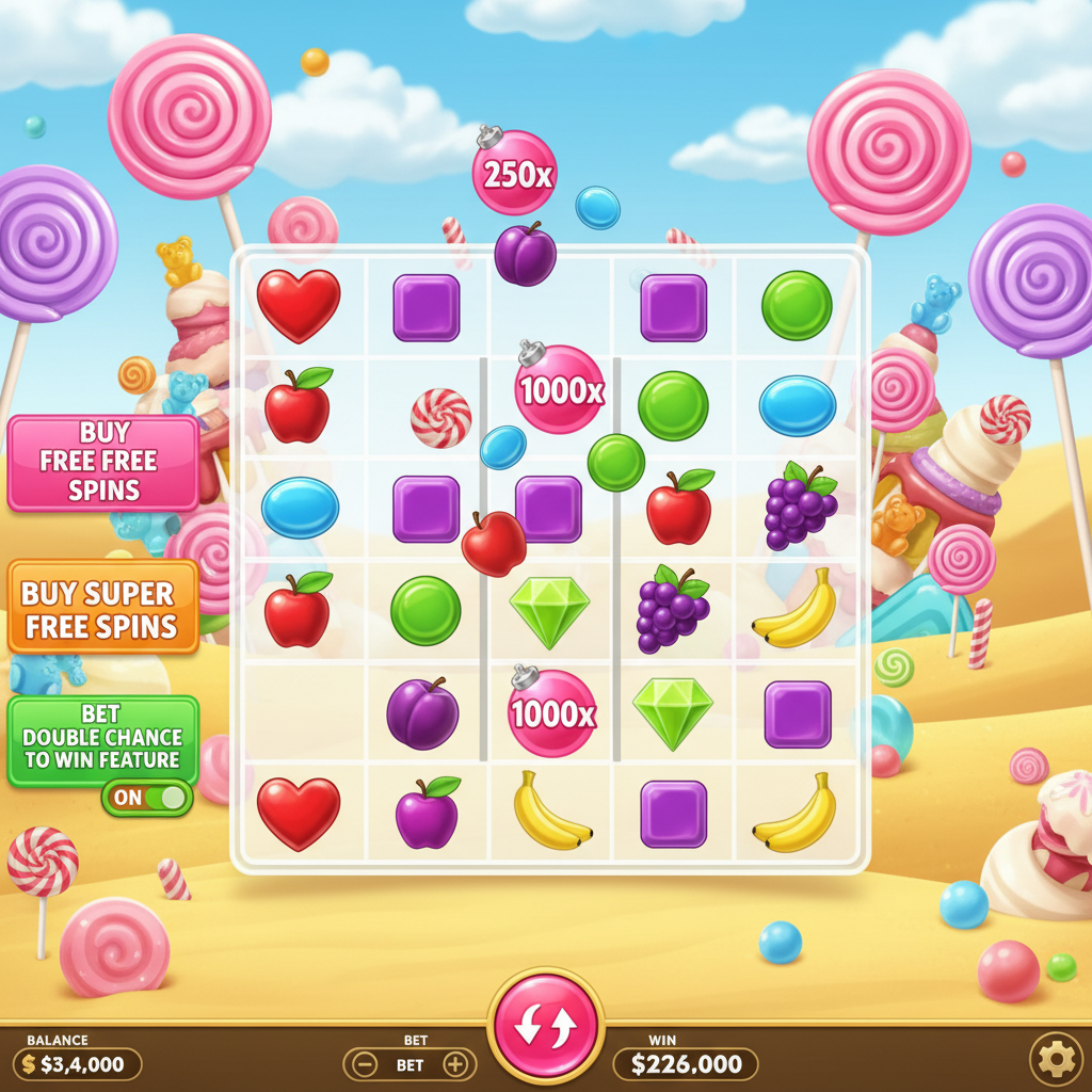 Sweet Bonanza 1000 slot met snoepjes, lollies, fruit symbolen en multiplier bombs in een woestijn met blauwe lucht