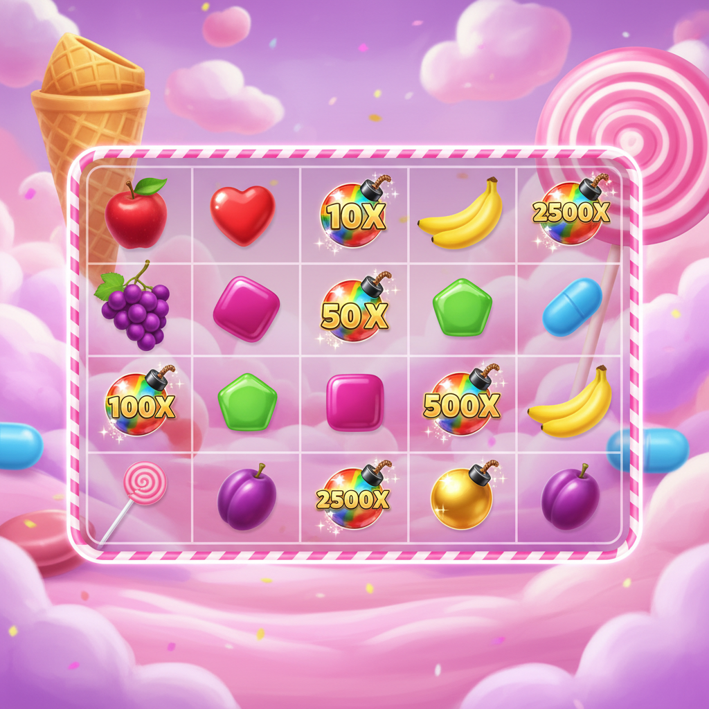 Sweet Bonanza 2500 spelraster met kleurrijke snoepjes, multiplier bombs tot 2500x, lollipop scatter symbolen en fruit in een vrolijk suikerlandschap