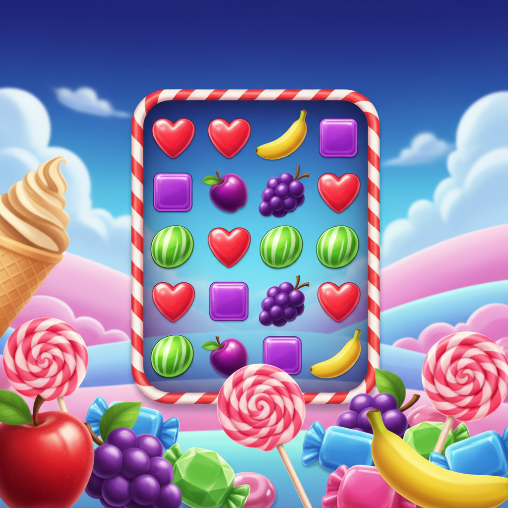Sweet Bonanza slot met spiraal lollies, fruit symbolen, paarse speelraster en snoeplandschap achtergrond
