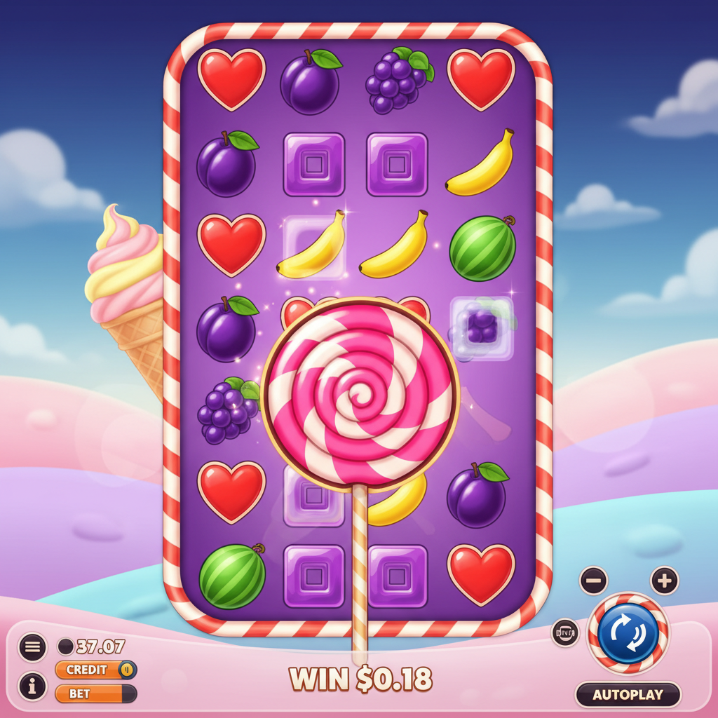 Sweet Bonanza slot met gekleurde fruit symbolen, snoep harten, druiven, bananen en roze lollipop scatter op paarse reels met snoep rand
