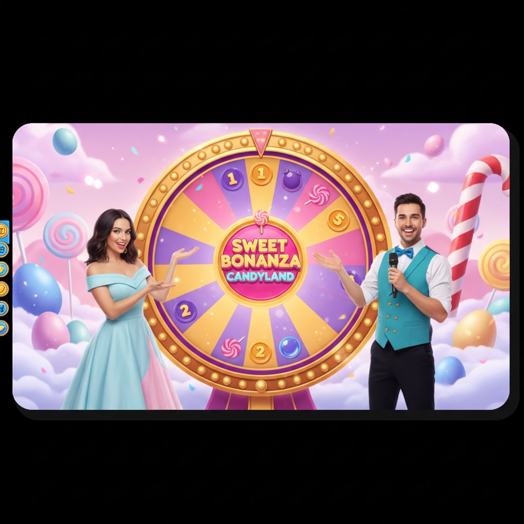 Sweet Bonanza CandyLand grote draaiende wiel met gouden rand, gekleurde segmenten, live presentatoren in snoepthema kostuums en pastel candyland achtergrond met lollies