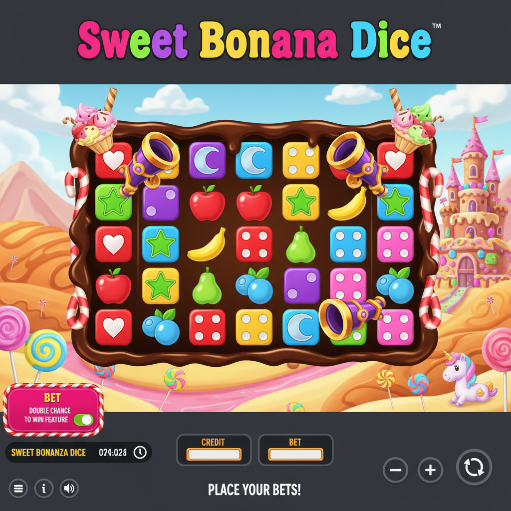 Sweet Bonanza Dice slot met kleurrijke dobbelstenen symbolen, snoepjeswereld achtergrond, hart moon sterren diamant fruit symbolen op 6x5 raster