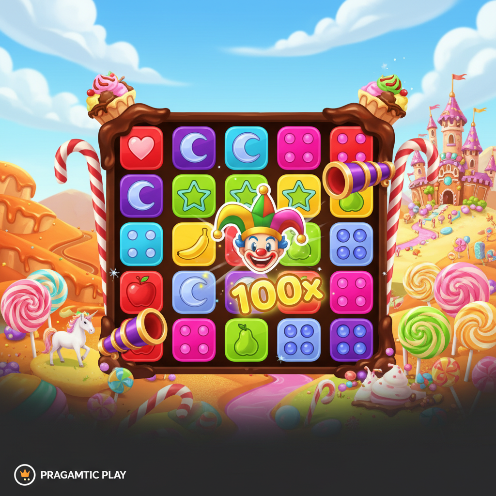 Sweet Bonanza Dice slot met 6x5 dobbelsteen symbolen in snoepwereld, candy cane palen, ijsje decoraties en gekleurde dobbelstenen met harten, sterren en fruit