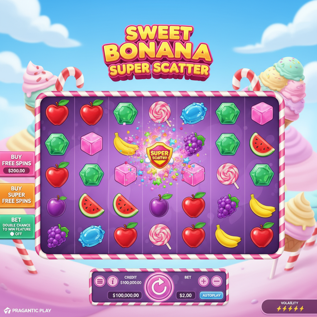 Sweet Bonanza Super Scatter slot met snoepjes, fruit symbolen, lolly scatters en kleurrijke candy landschap achtergrond