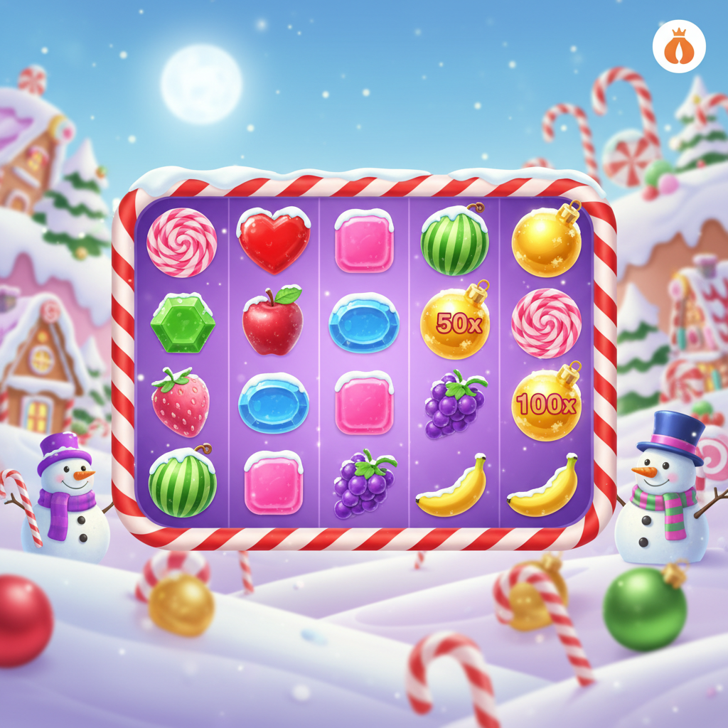 Sweet Bonanza Xmas slot met kerst snoepjes, fruit symbolen met sneeuw, lollipop scatter en gouden multiplier bommen in een snoepland met kerstthema
