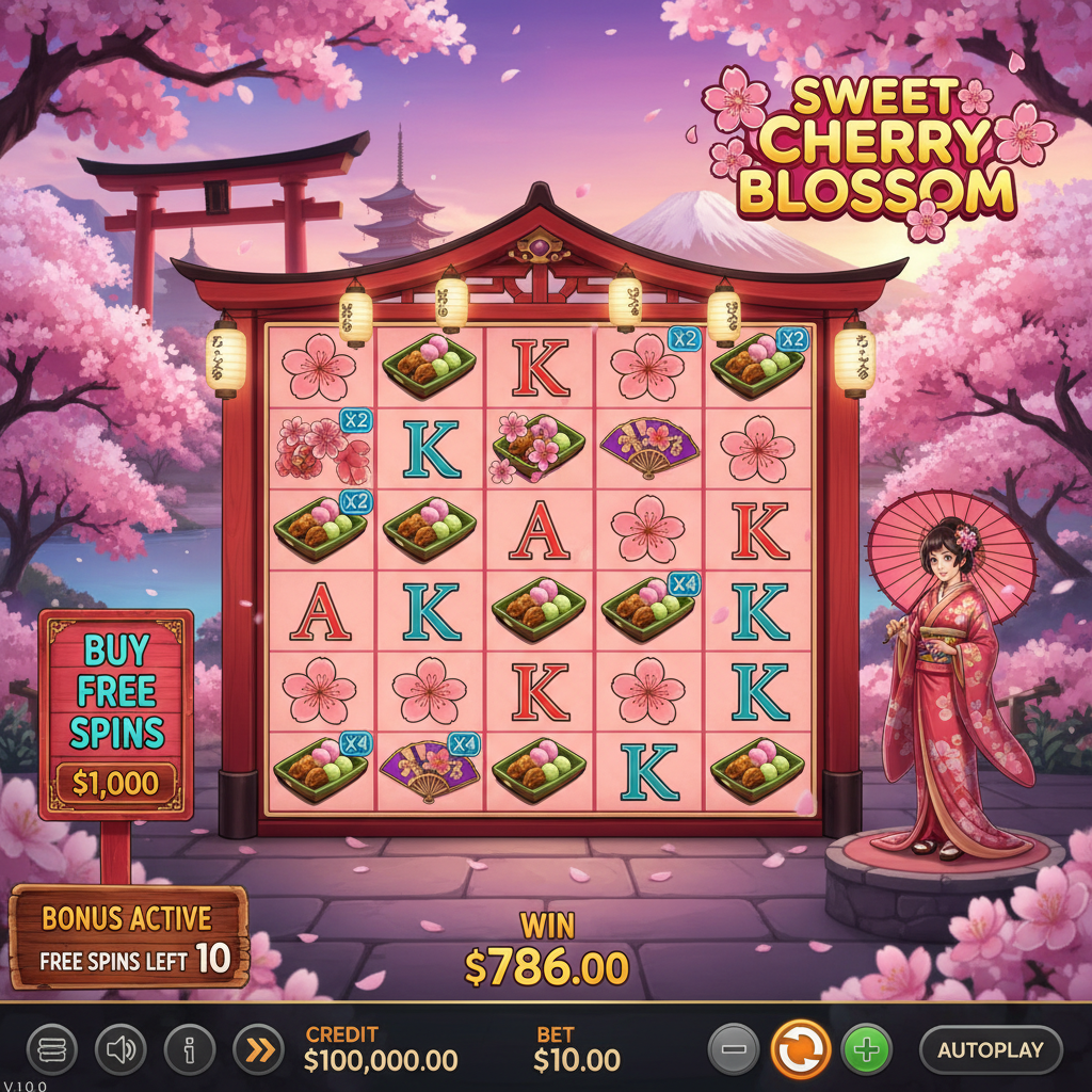 Sweet Cherry Blossom slot met Japanse tuin bij schemering, roze kersenbloesembomen, rode torii poort, anime geisha karakter en 7x7 symbolen raster