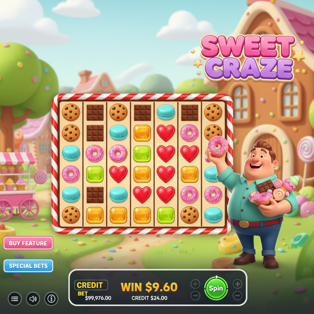 Sweet Craze slot met kleurrijke snoep symbolen, 7x7 grid, roze donut, koekjes, chocolade en hartjes in een fantasie snoepwereld
