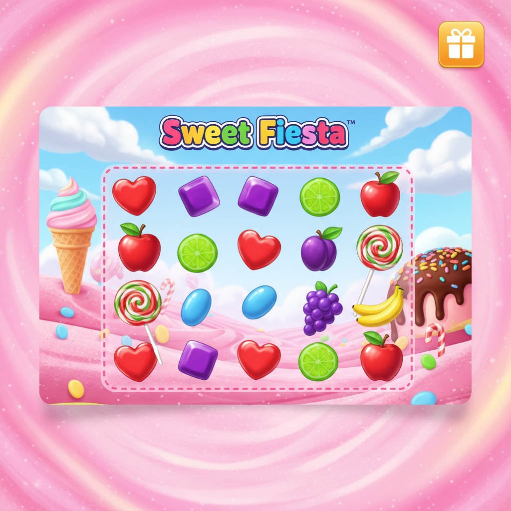 Sweet Fiesta slot met kleurrijke snoepjes, hartjes candy, druiven, lolly scatter symbool en roze suikerspin achtergrond