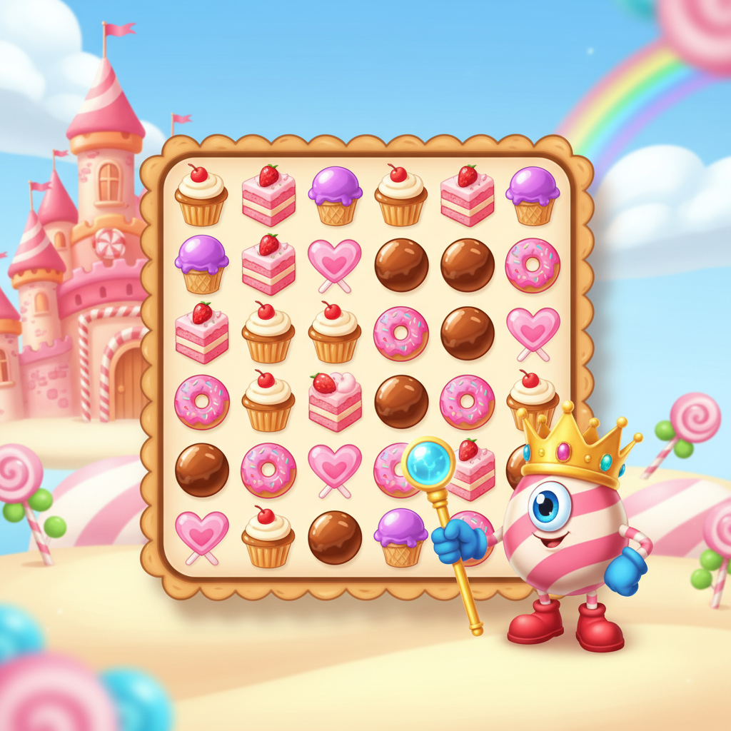 Sweet Kingdom slot 7x7 speelveld met snoepjes, cupcakes, donut symbolen en roze snoepkasteel achtergrond