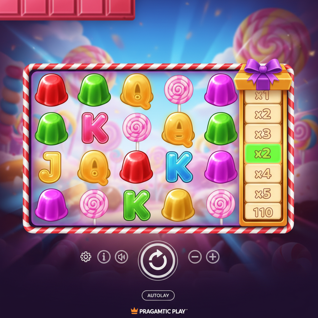 Sweet PowerNudge slot met 6x5 candy grid, gekleurde gelei desserts, snoepjes, lolly scatter symbolen en gouden multiplier reel op paarse achtergrond