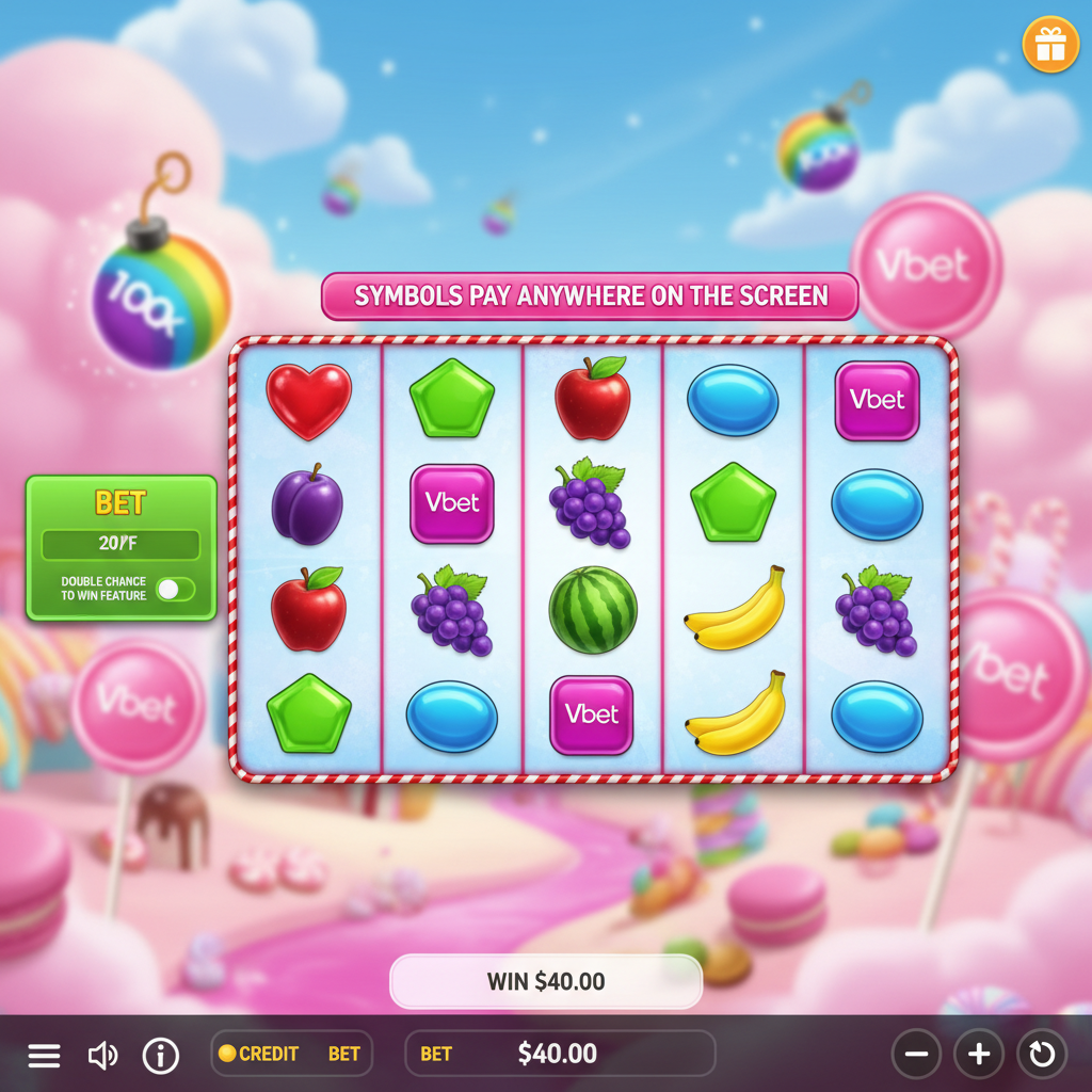 Vbet Sweet Bonanza slot met 6x4 raster, kleurrijke snoep symbolen, hartvormige candy, fruit symbolen en Vbet lolly scatter in een pastel roze en blauwe fantasy suikerwereld